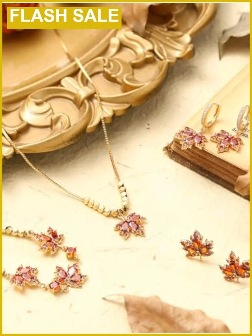 Maple Leaf Jewelry Set Stud Earrings Necklace Bracelet Fall Autumn Gift